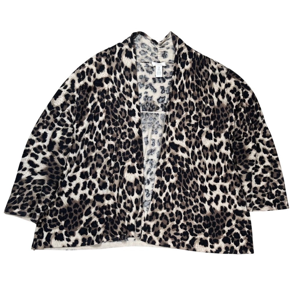 Chico's Ginger Leopard Print Cardigan Women's 2 (L) Tan Silk Angora Open Front